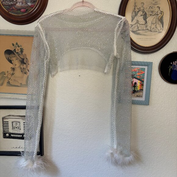 Cropped fishnet rhinestone top with feather cuffs - Picture 1 of 4